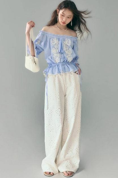 Island Flower Vine Striped Short Sleeve Top Shorts Set-Up