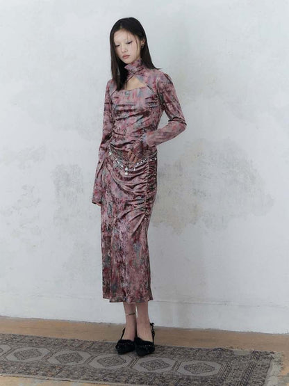 Chinese Style Marble Print Tops & Slit Skirt