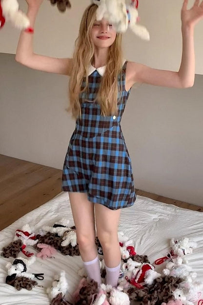 Blue Plaid Sleeveless Dress
