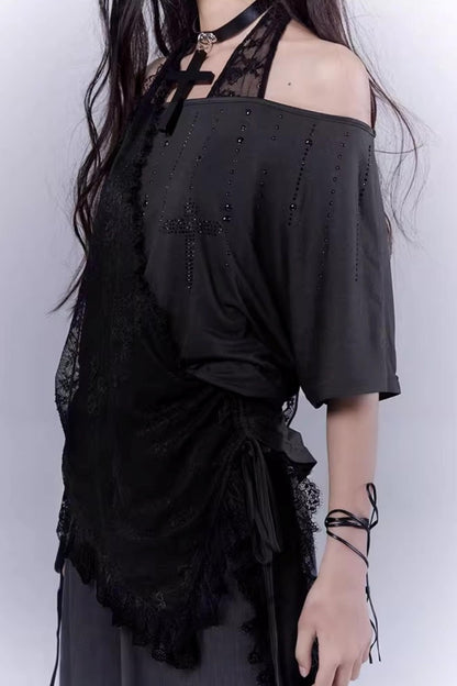 Black Lace-Trimmed Tee