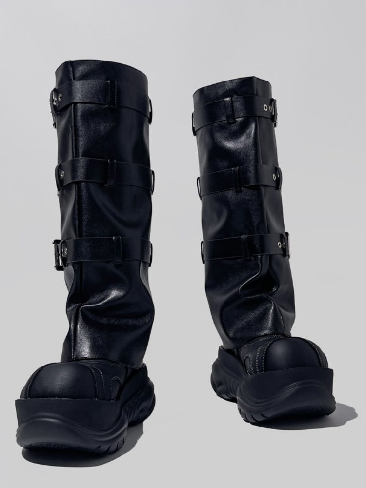 Punk Style Triple Belt Platform Long Boots