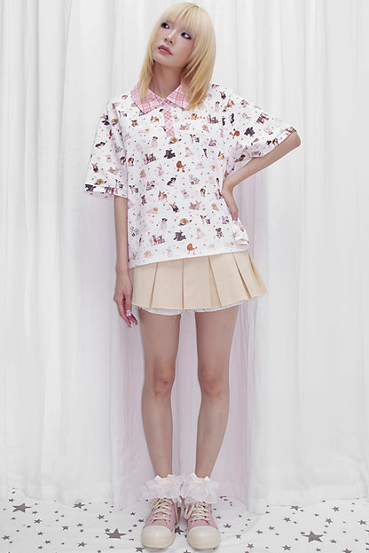 Dog Print Loose Fit Polo Shirt