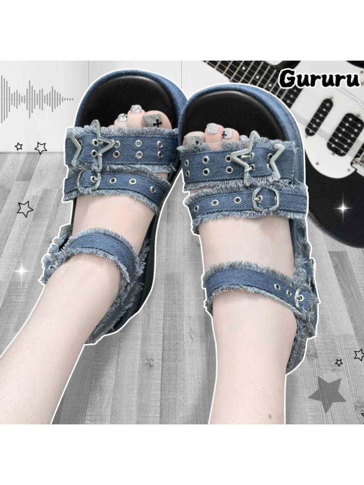 Y2K Punk Star Denim Eyelet Belt Super Thick Sole Sandals