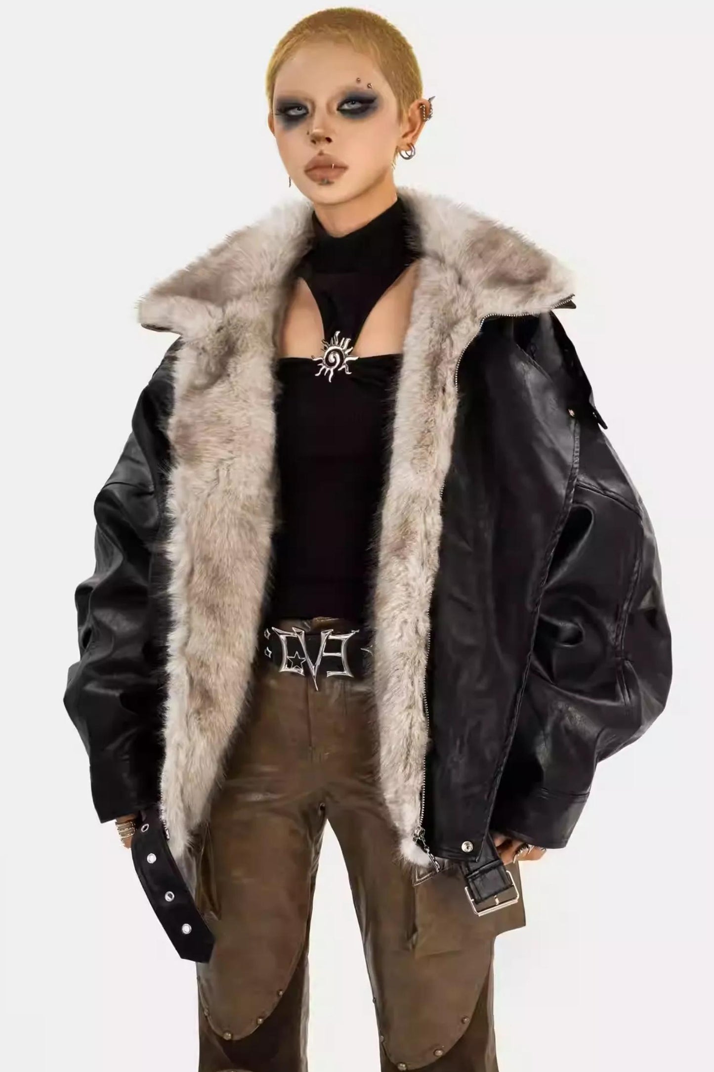 Thickened Pu Leather Fur Collar Jacket