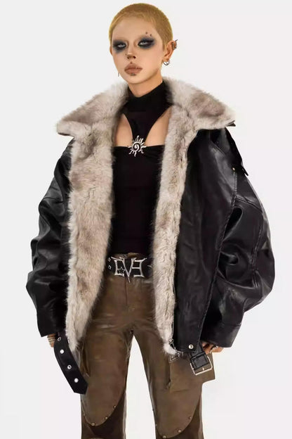 Thickened Pu Leather Fur Collar Jacket