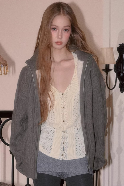 Cable Knit Fleece Sweater Jacket