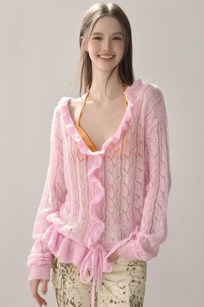 Knit Ruffled Cut Out Blouse
