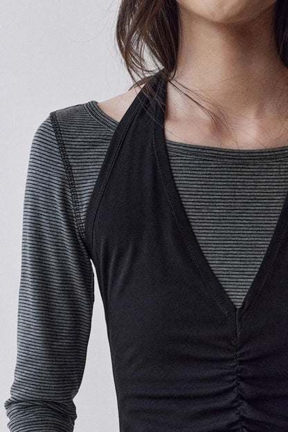 Striped Stitching Two-Piece Halterneck T-shirt