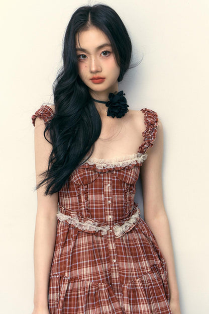 Pink Plaid Ruffle Lace Cami Dress