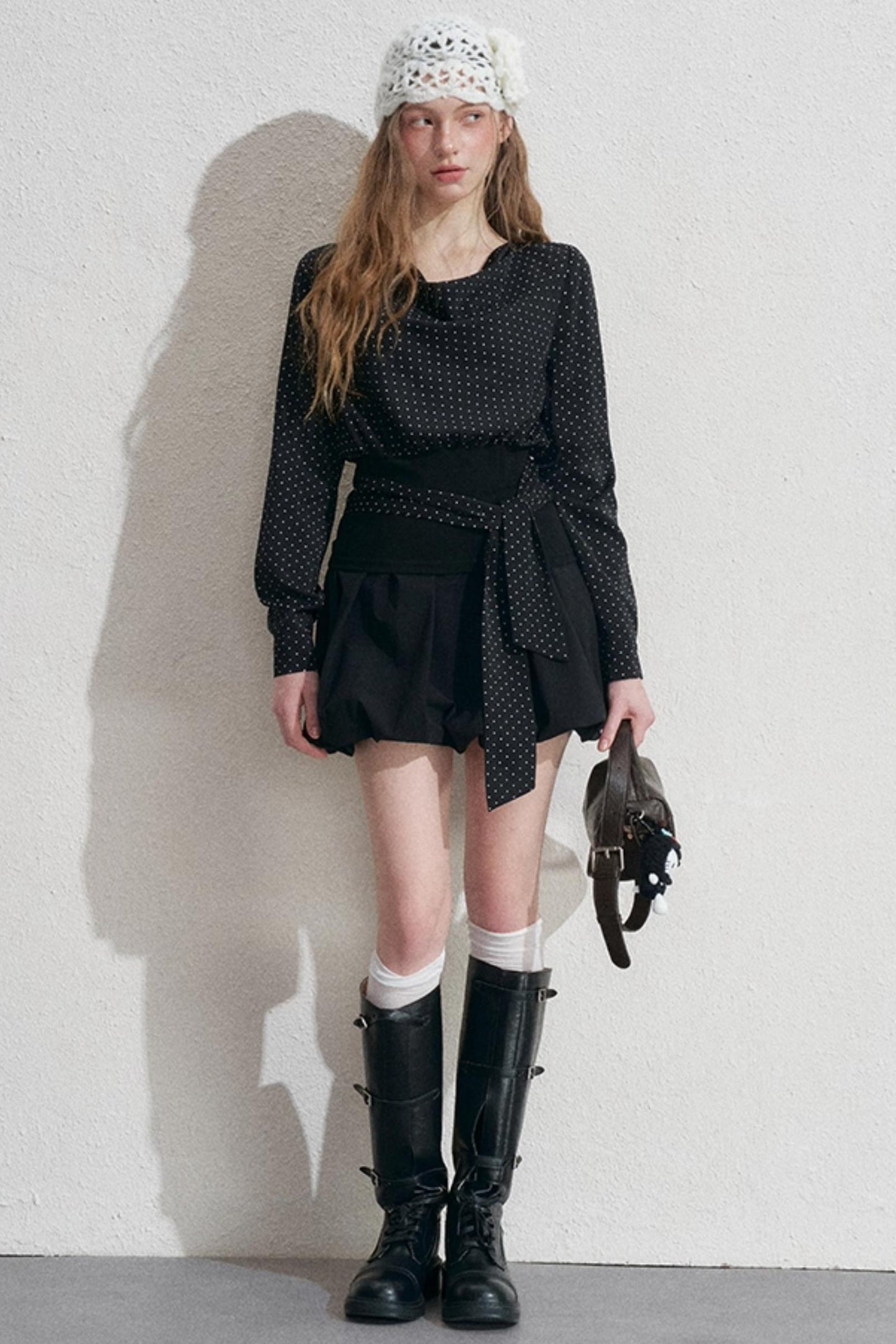 Polka Dot Swing Collar Black Shirt