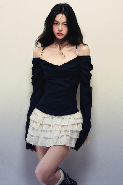 스윙 비즈 홀터넥 탑
