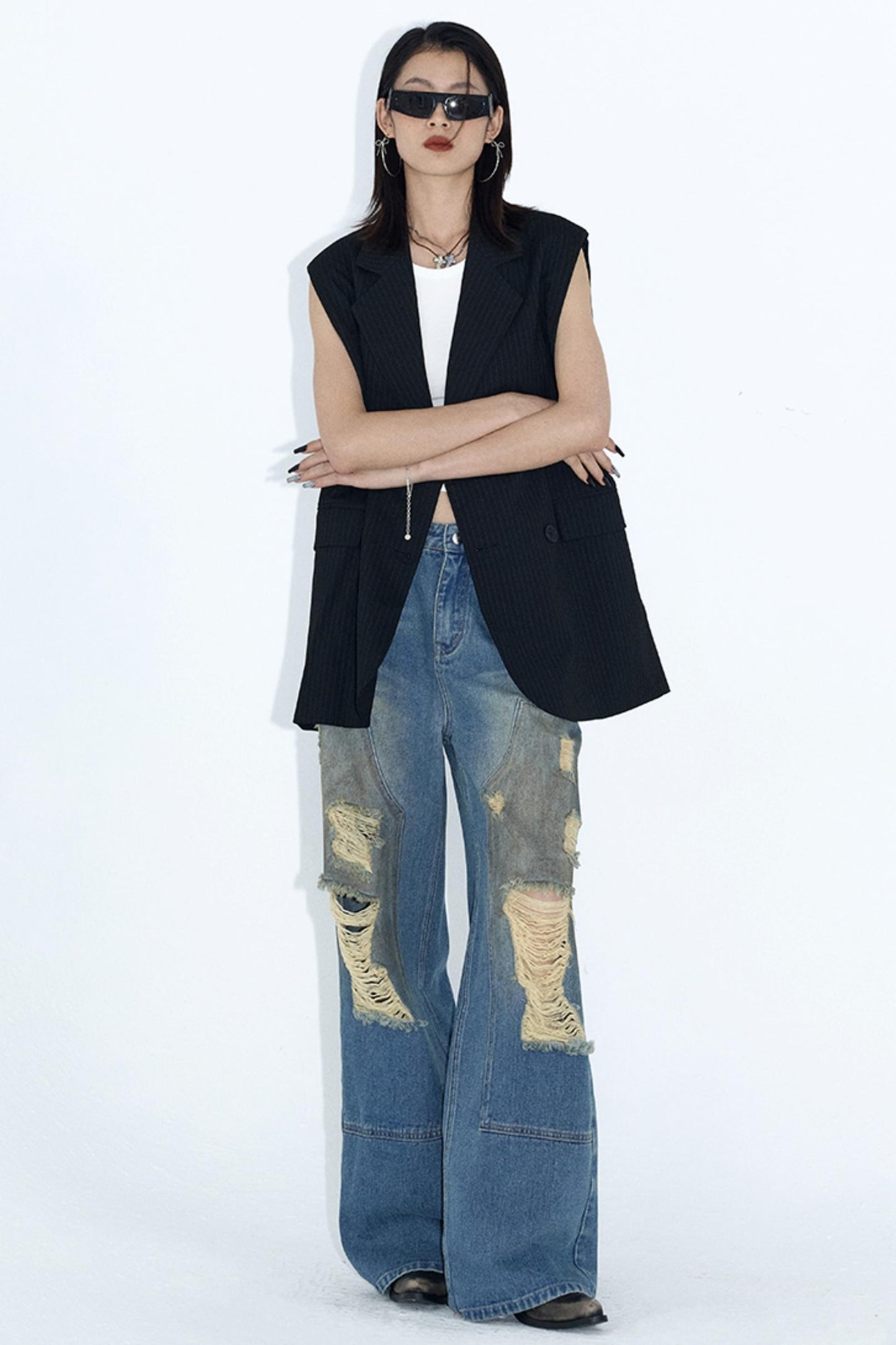 Deconstructed Distressed Wide-Leg Jeans