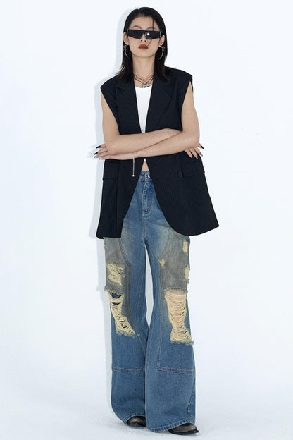 Deconstructed Distressed Wide-Leg Jeans