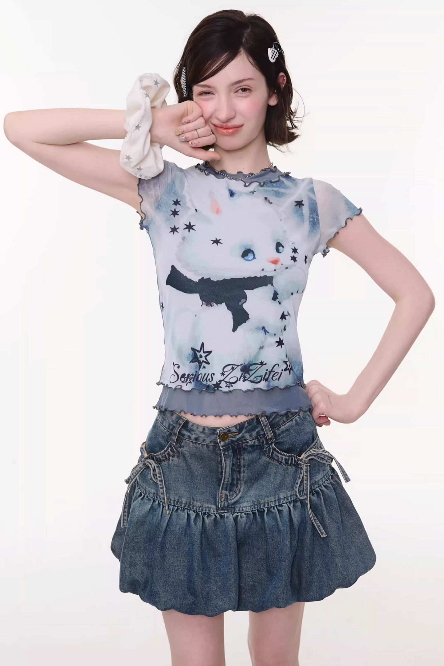 Mesh Plaid Cat Print Top