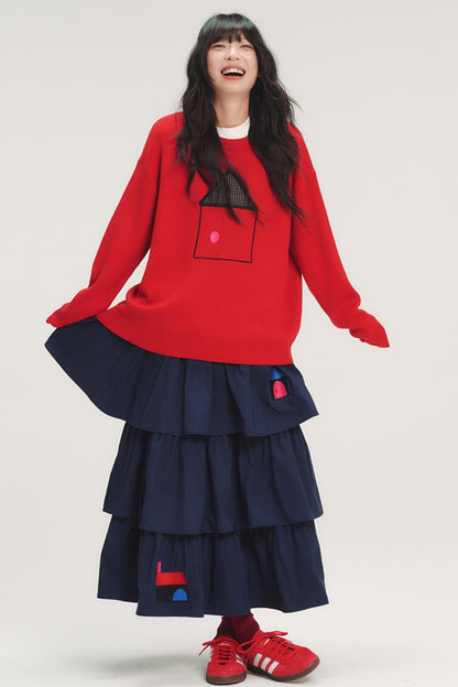 Color-Blocked Plaid Knit Top