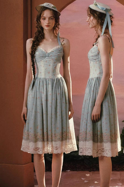 Green Floral Sweet Strap Dress