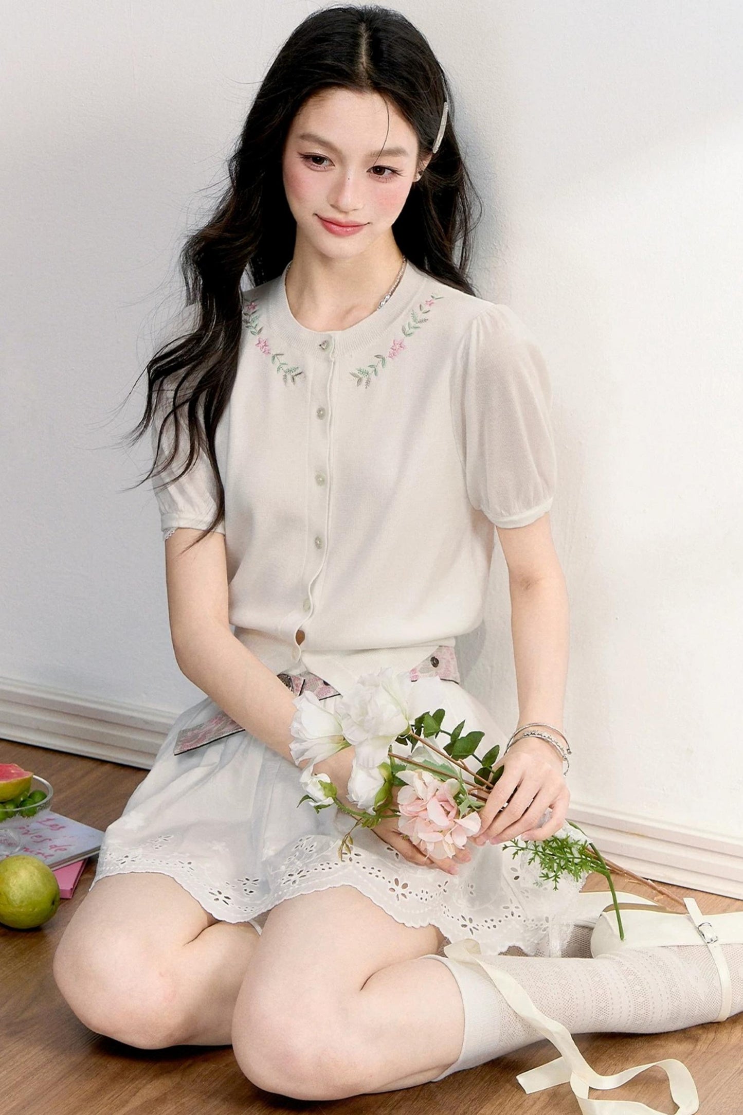 Embroidered Knit Cardigan Top Set-Up