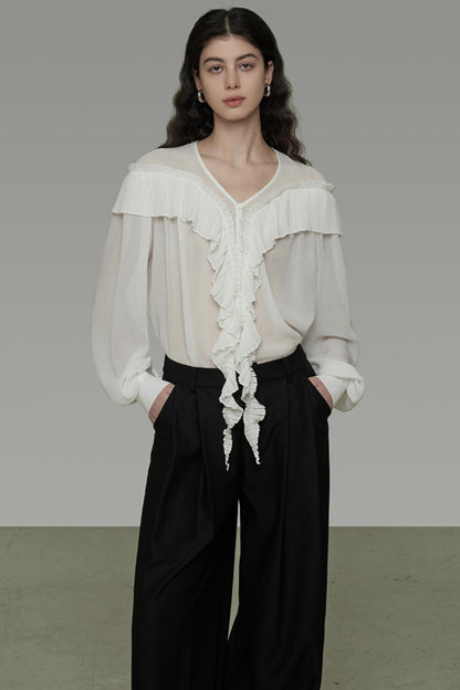 Sheer V-Neck Flutter Shirt