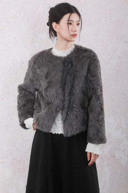 Elegant Gray-Brown Plush Jacket