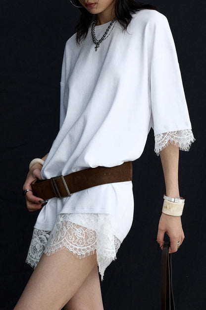 Patchwork Lace Crew Neck Long Top