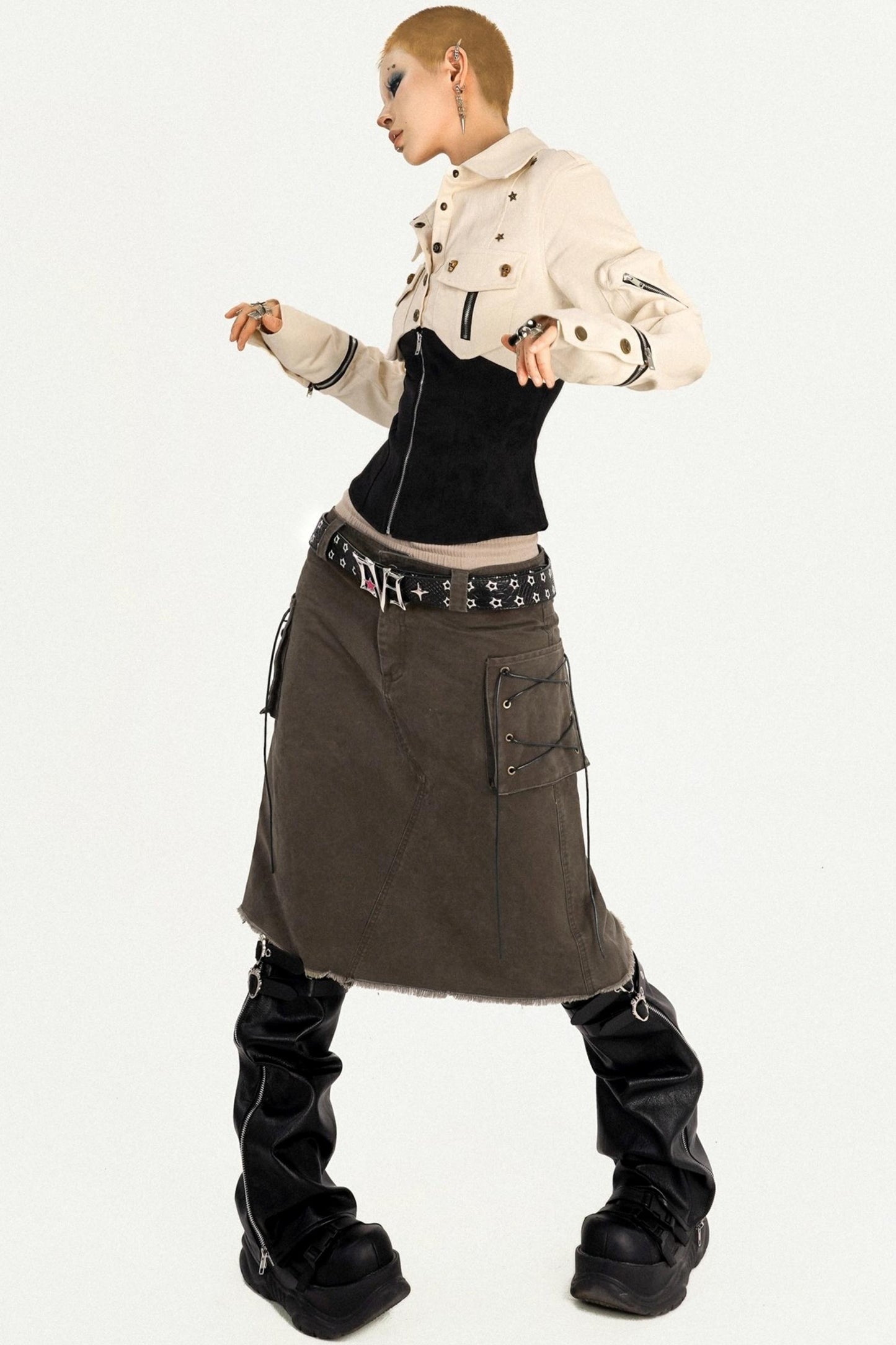 Cool Waist Design Zipper Long Sleeve Top