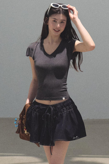 Green Apples Sleeve V-Neck Skinny Top