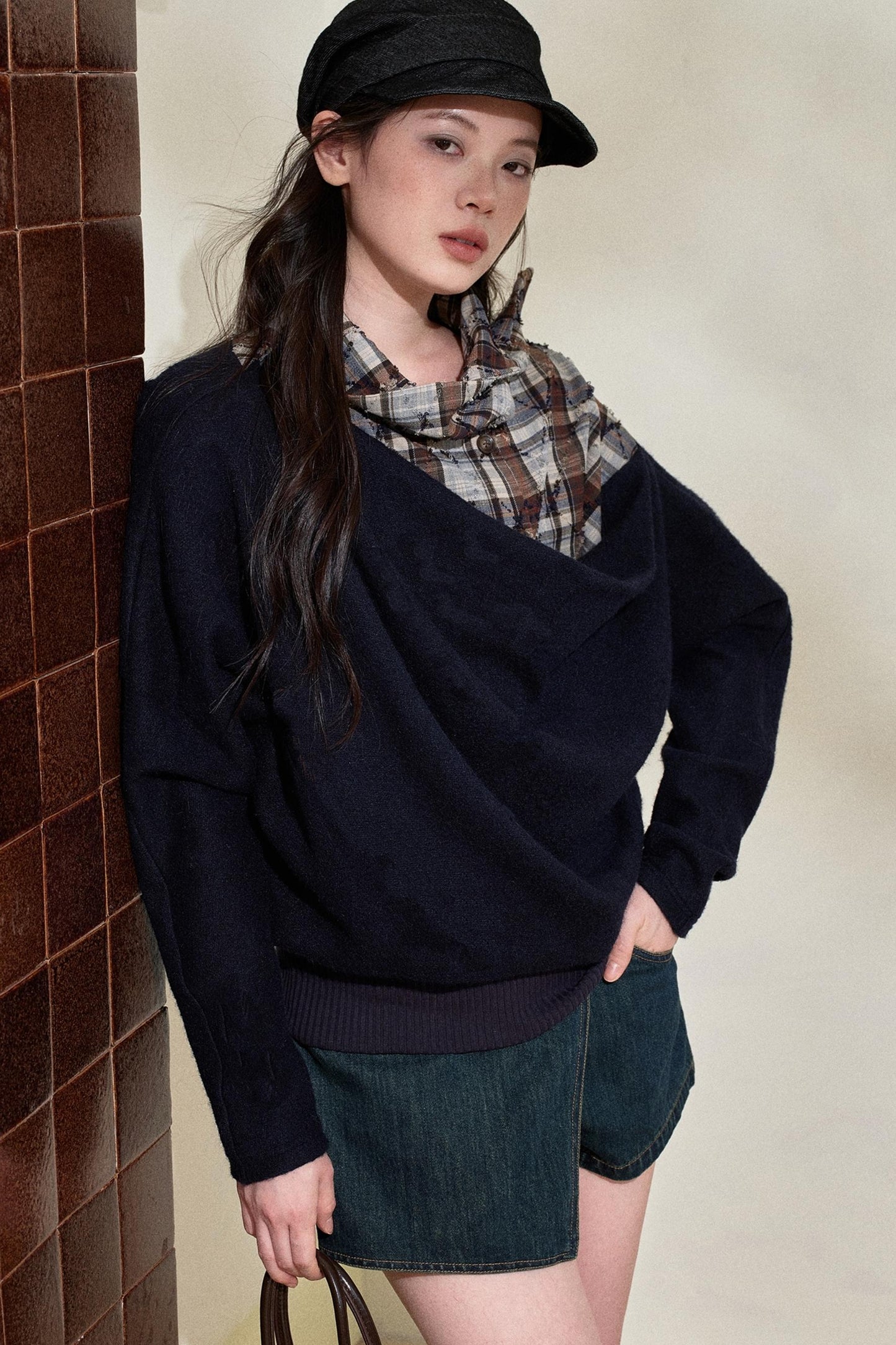 Blue Plaid Wool Fake Two-Piece Top