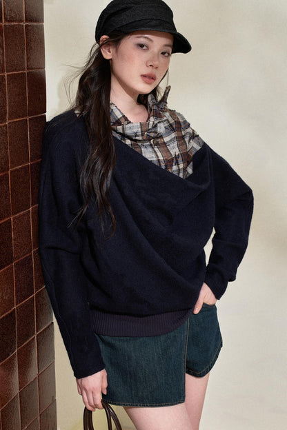 Blue Plaid Wool Fake Two-Piece Top