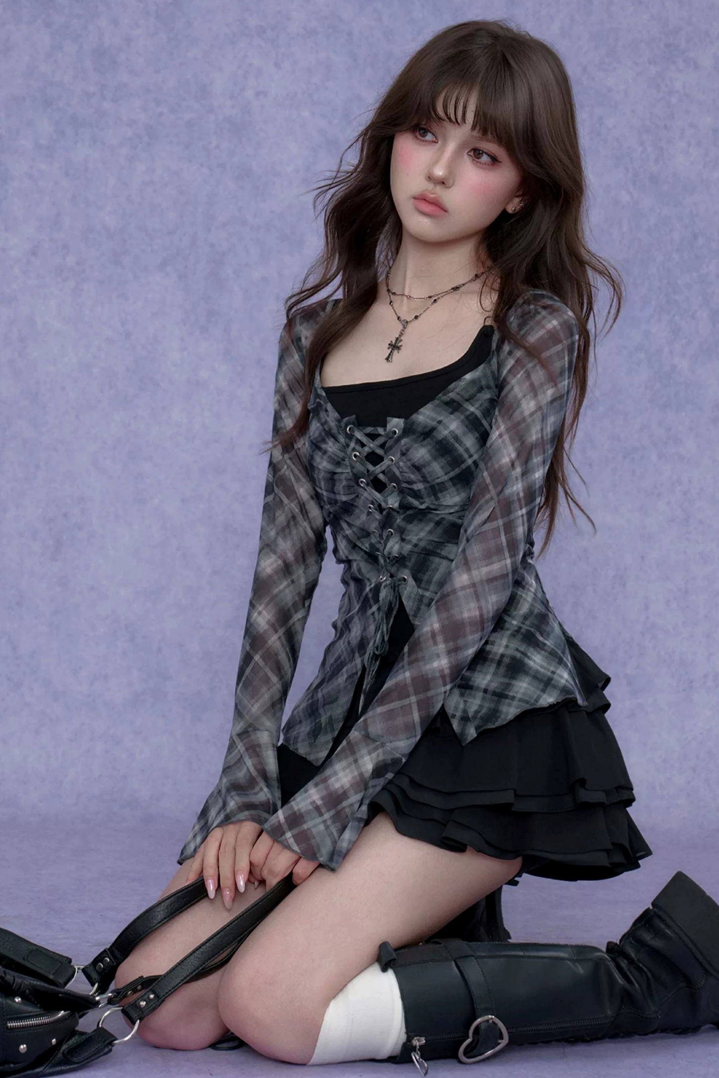Gray Plaid Tie-Neck Top Set-Up