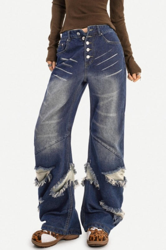 Retro Distressed Wide-Leg Jeans