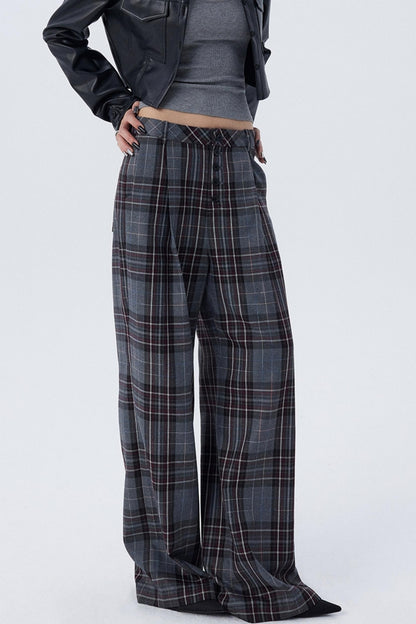 Check Pleated Wide-Leg Trousers