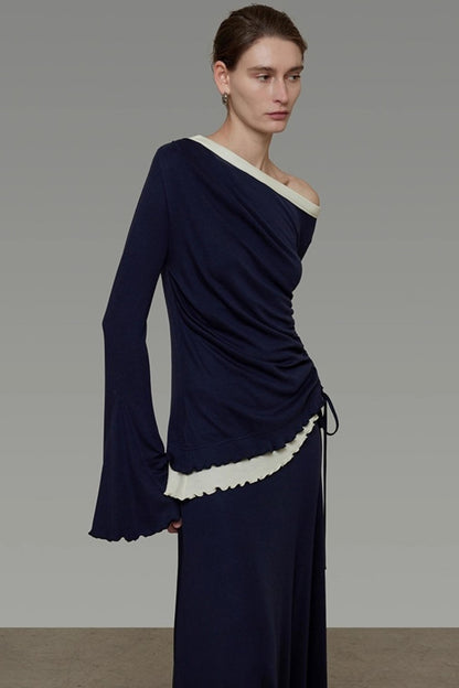 Autumn Shoulder Knit Slacks Skirt Set-Up