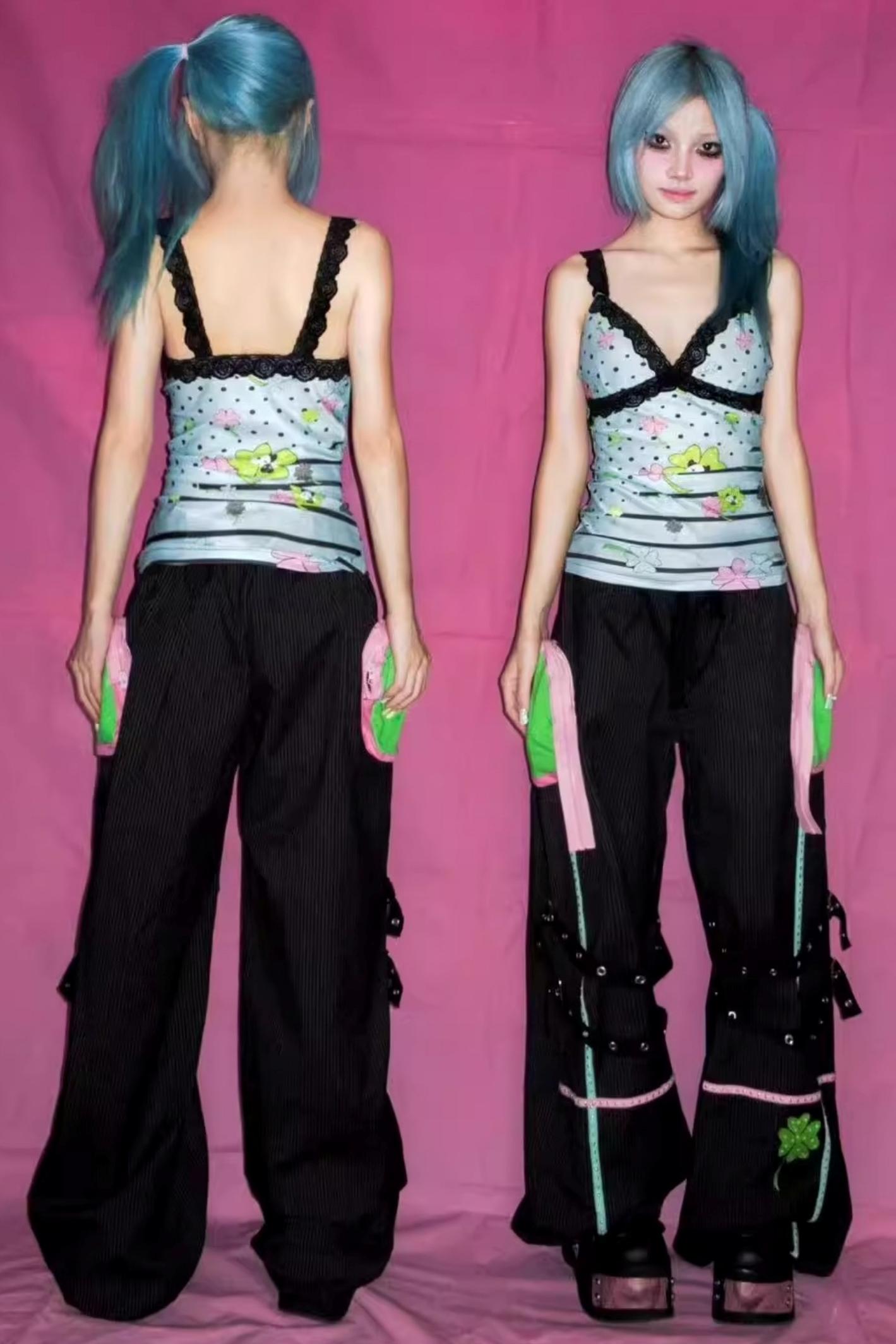 Four-Leaf Clover Embroidery Stripe Studded Trousers