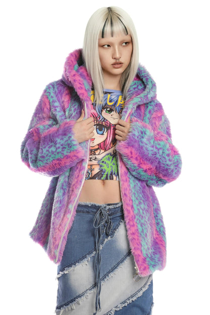 Colorful Leopard Fur Hooded Jacket