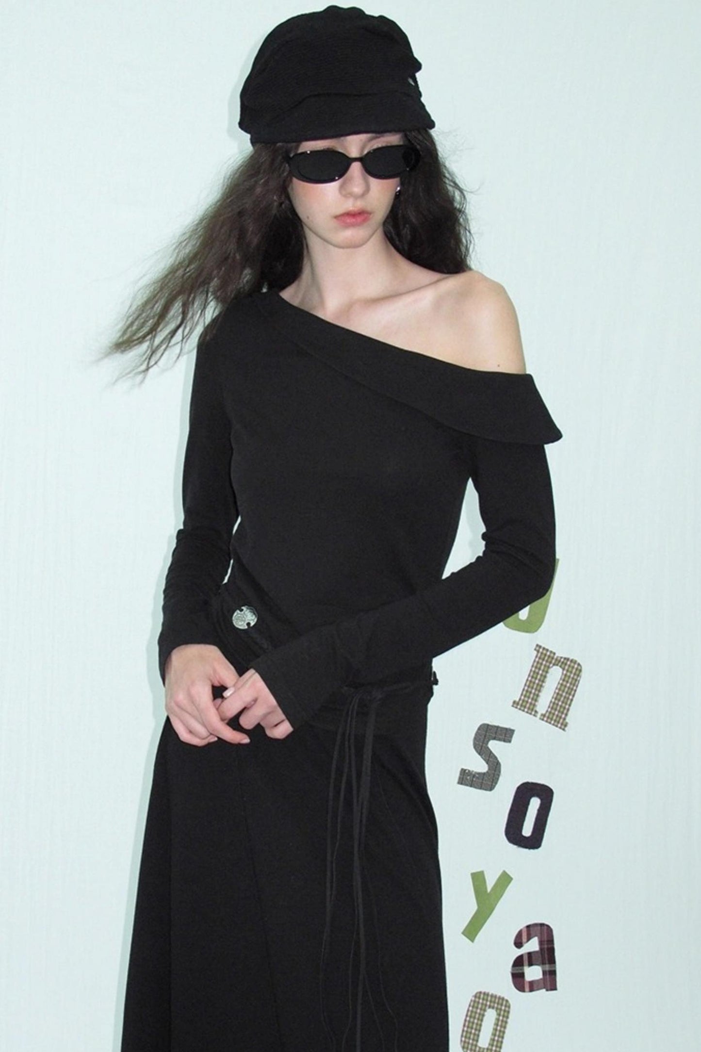 Slanted Shoulder Knit Top Skirt Set-Up