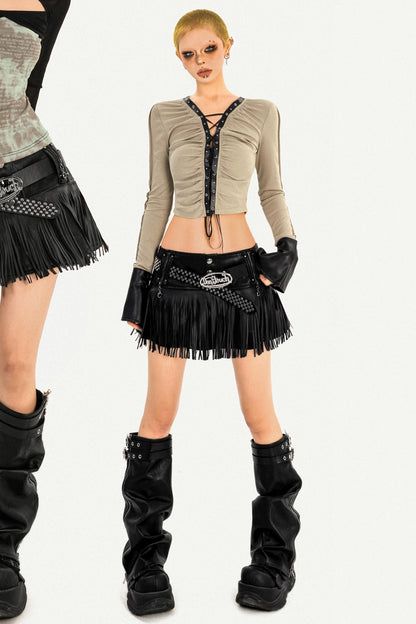Hot Girl Fringed Leather Skirt