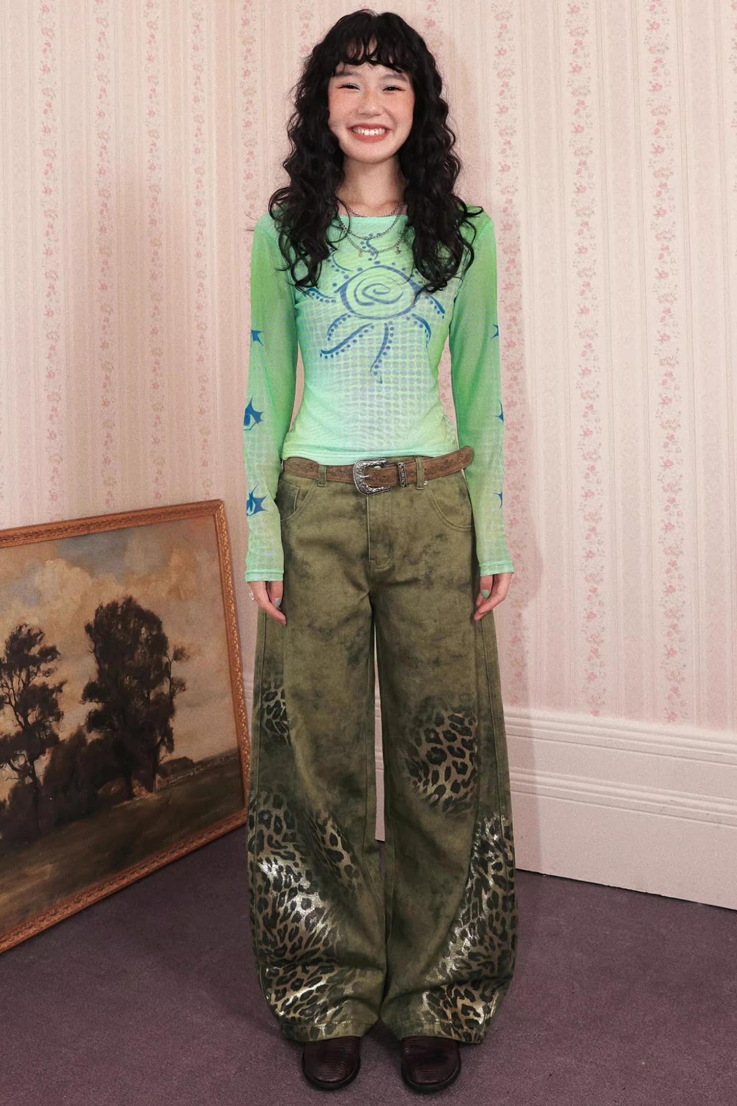 Cotton Washed Leopard Print Denim Pants