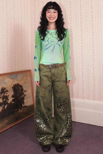 Cotton Washed Leopard Print Denim Pants