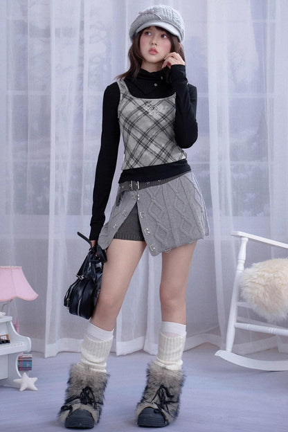 Gray Rhombus Knitted Skirt & Shorts Set