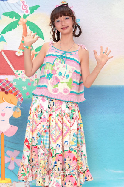 Retro Cartoon Print Lace Skirt