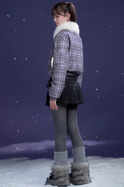Purple Plaid Fur Collar Jacket