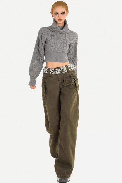 Retro Army Green Flared Pants