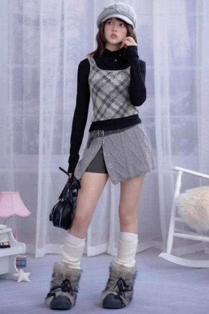 Retro Plaid Turtleneck Fake Two-Piece Top