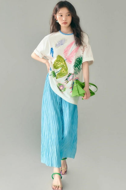Original Design Glass Blue Elasticated Pleated Skirt