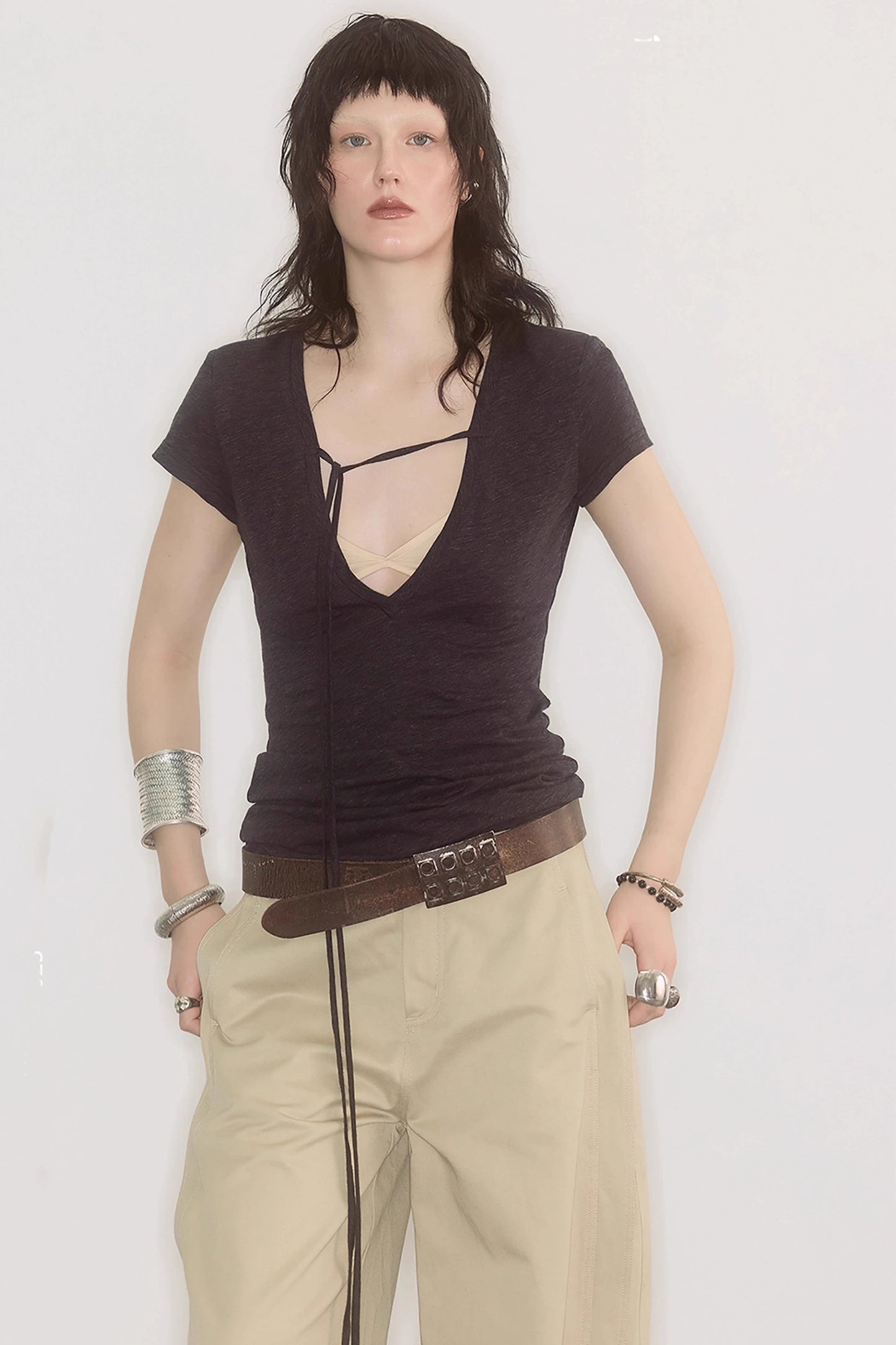 Deep V-neck Layered T-shirt