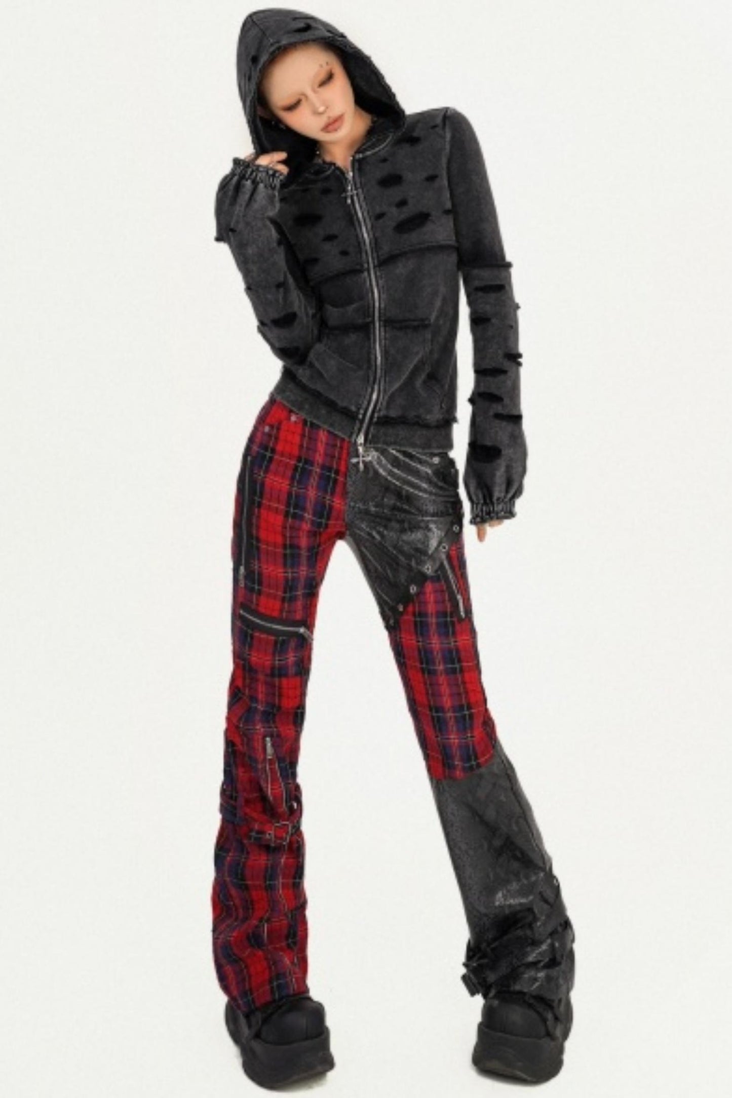 Plaid Patchwork Leather Pants