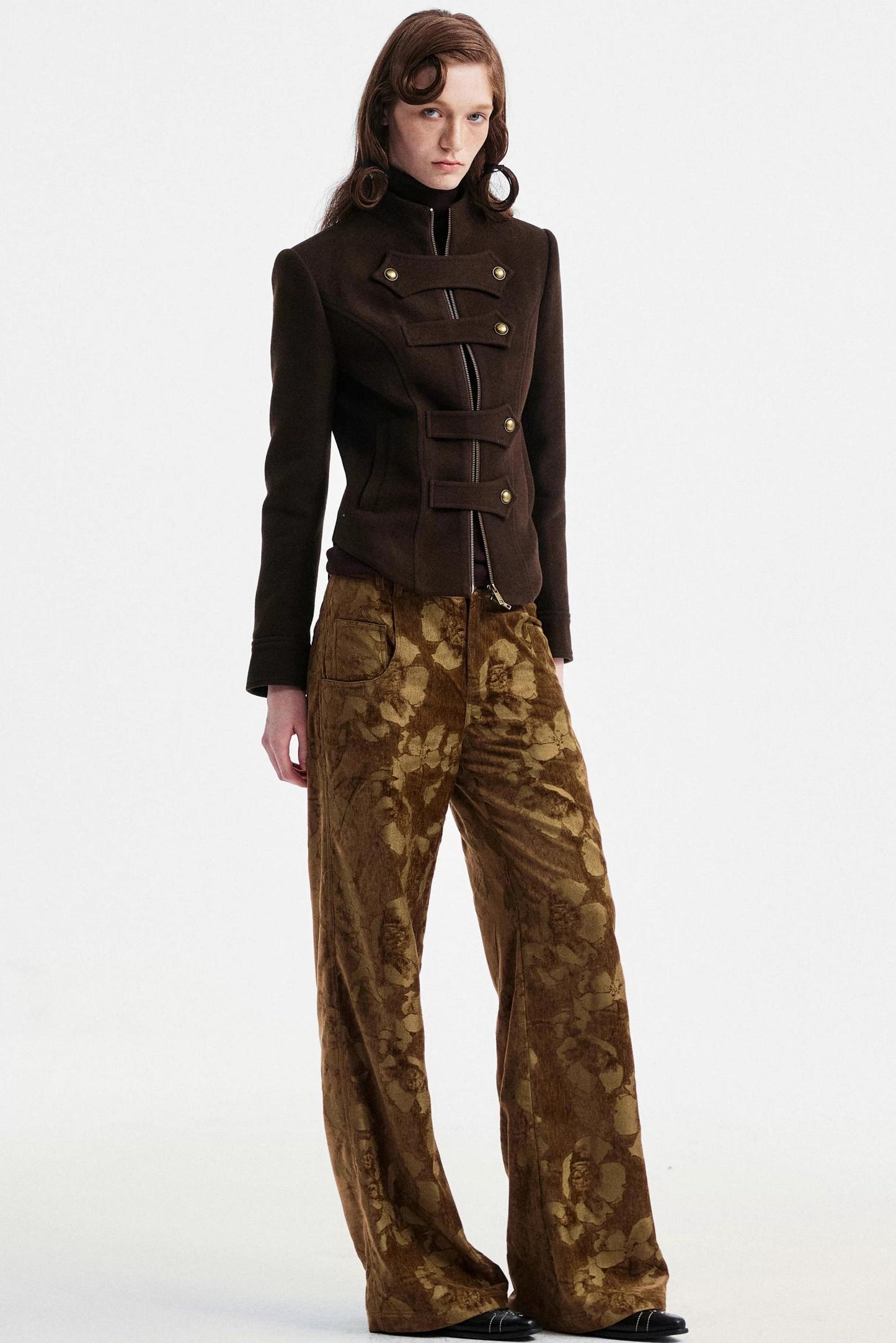 Brown Floral Jacquard Pants