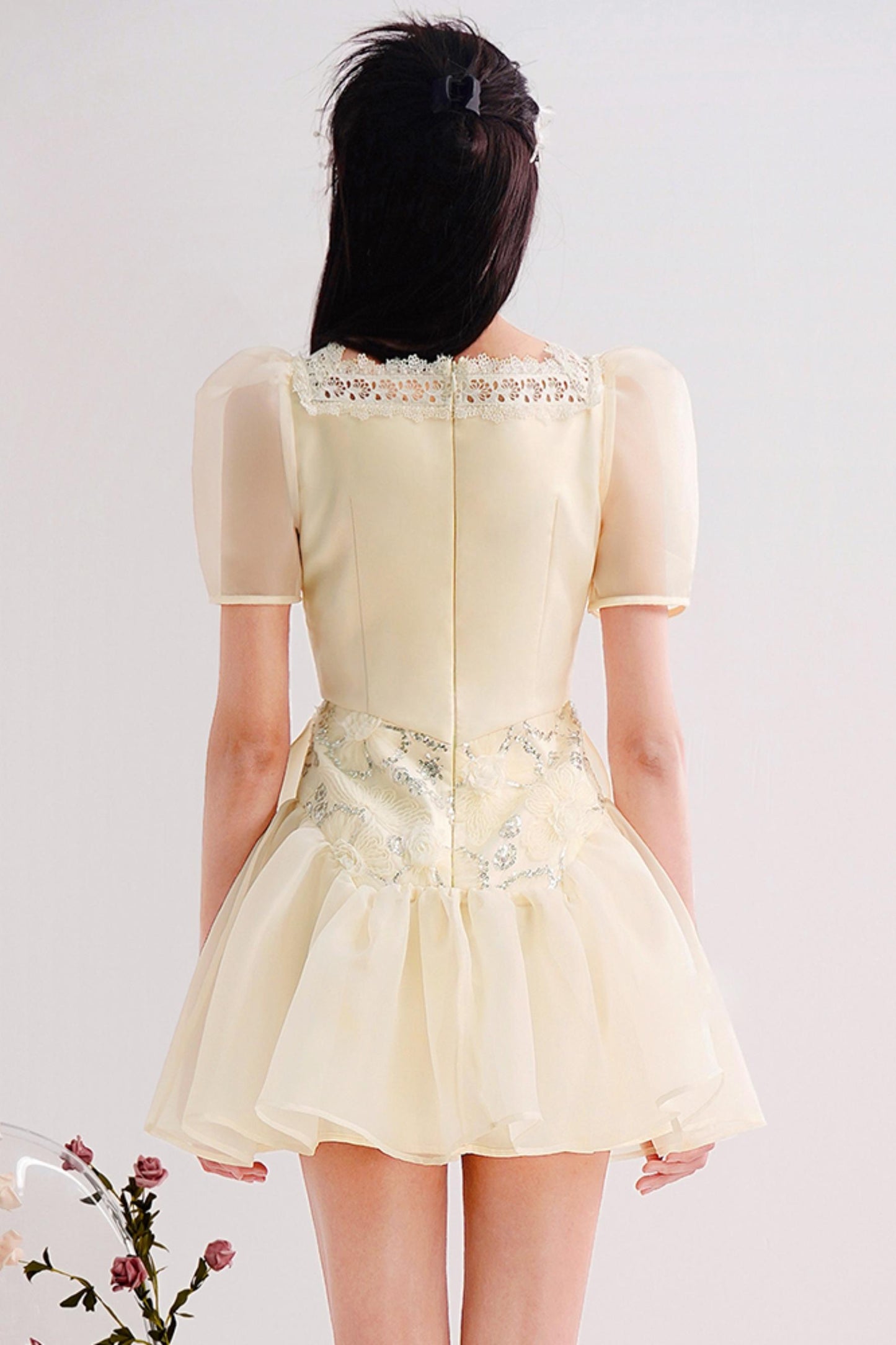 Embroidered Bubble Sleeve Mini Dress