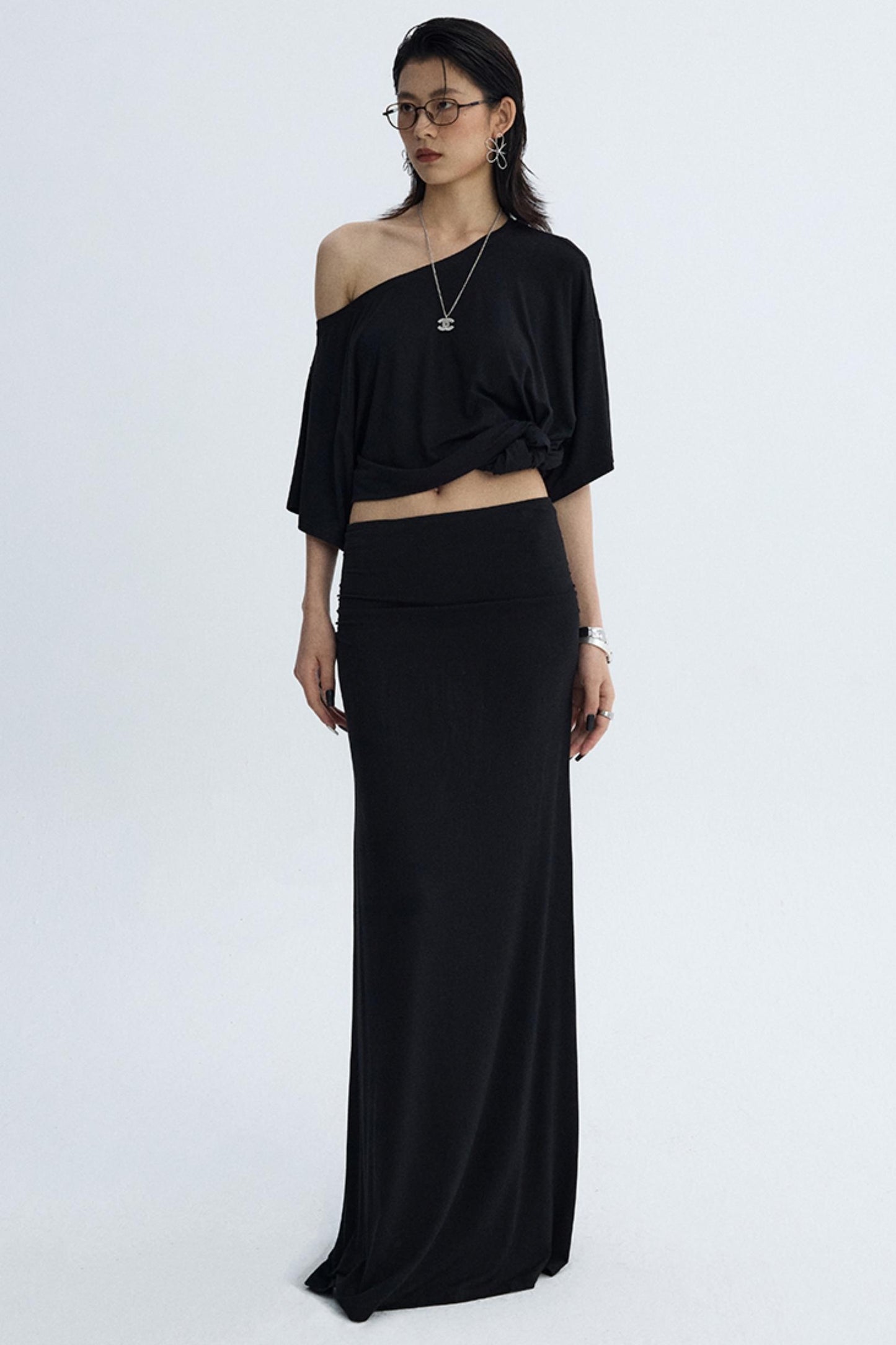 Black Draped Maxi Skirt
