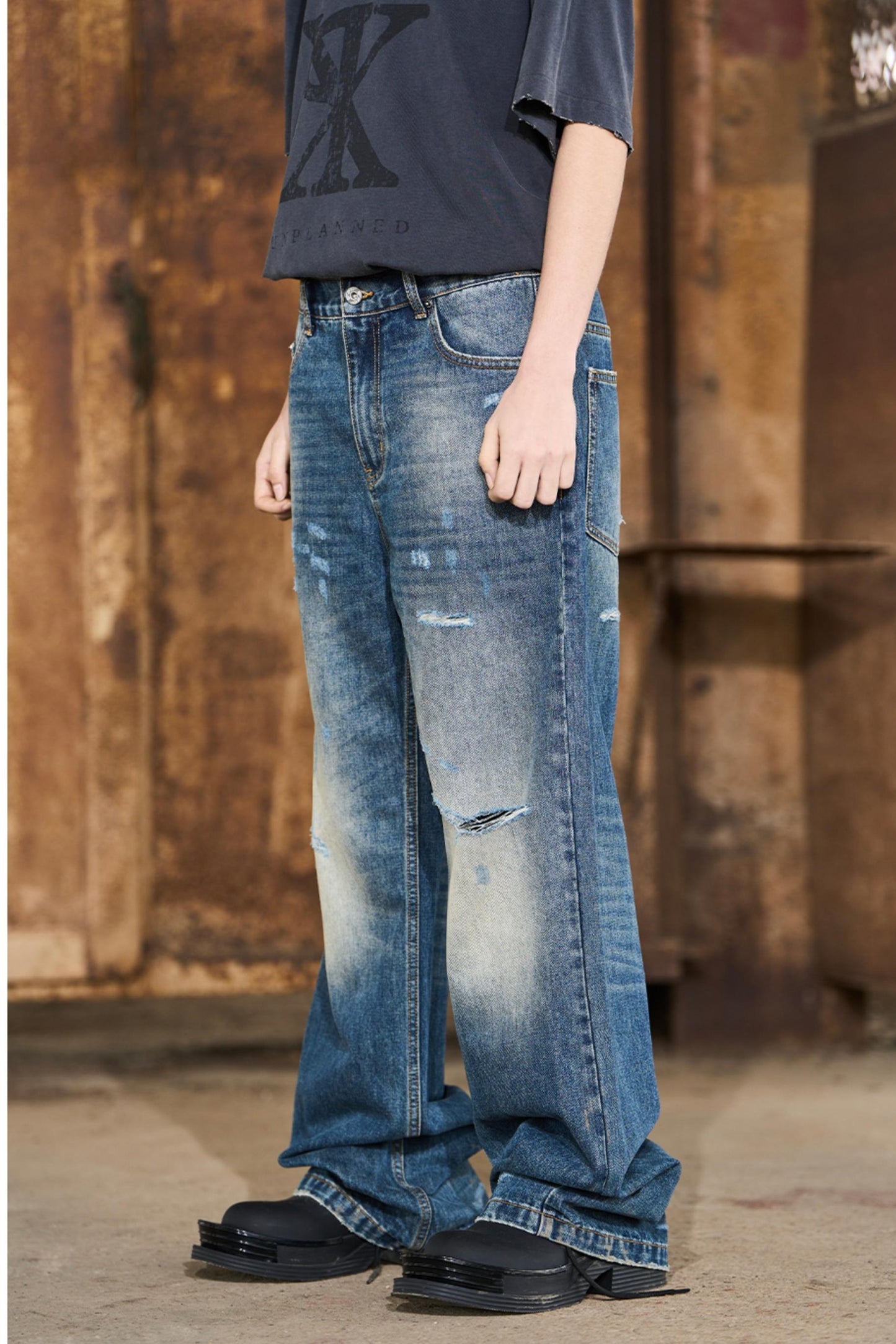 Ripped Straight-Leg Denim Pants